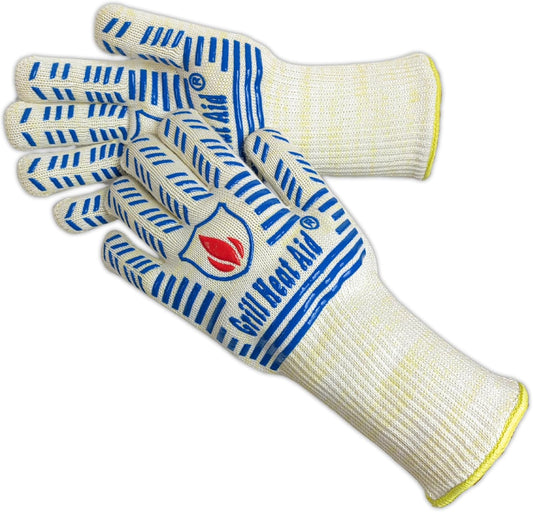 GRILL HEAT AID BBQ Grill Gloves 1472°F - Extreme Heat Resistant Oven Mitts for Grilling, Smoker & Fire Pit with Silicone Grip & EN407 Cut Resistance - Mid Cuff (Small Palm), White & Blue