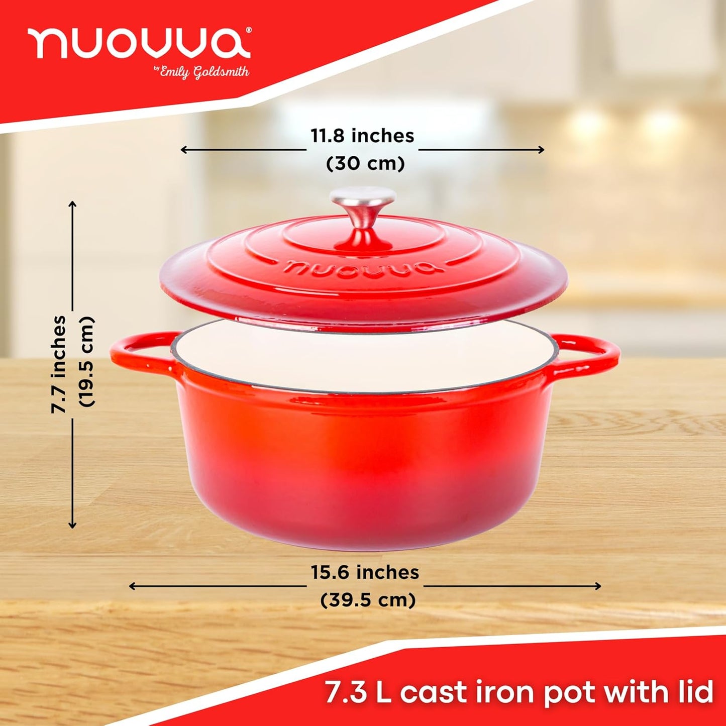 Cast Iron Dutch Oven with Lid – Non-Stick Ovenproof Enamelled Casserole Pot – Sturdy Dutch Oven Cookware – Red, 7.3-Quart, 30cm – by Nuovva