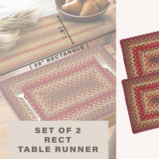 Homespice Cider Barn Dinner Table Runner Set of 2-8"x28", Rectangle, Red - Hand Braided with Jute - Rich Colors, Easy to Clean, Durable and Protects Furniture