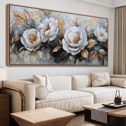 HKDGOKA Large Flowers Canvas Wall Art - Textured Petals Painting Golden Stamens Leaves Abstract Pictures Decor Modern Gallery Floral Artwork for Living room Office Bedroom Home Decorations 29x58