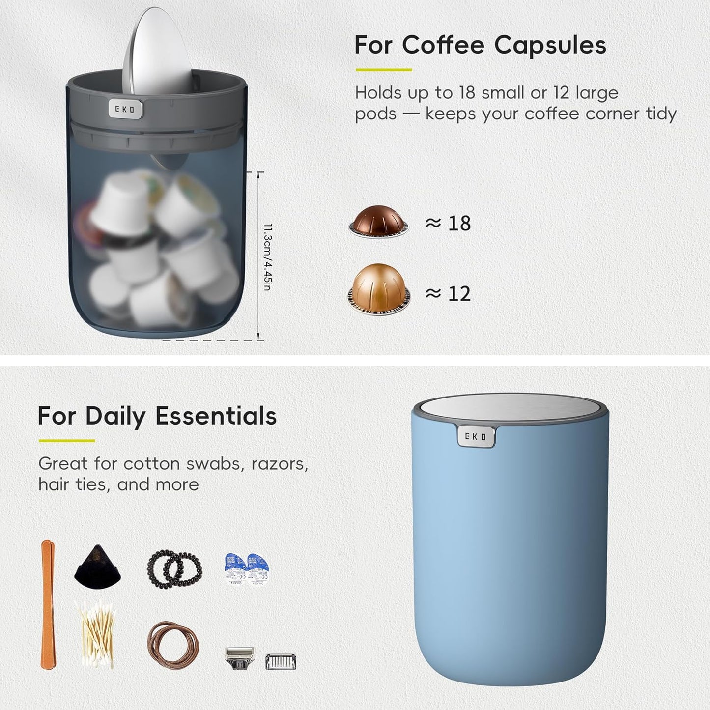 EKO Fandy 0.58 Gal/2.2L Mini Trash Can with Lid, Swing-Top Desktop Trash Can for Bathroom, Countertop, Vanity, Desk or Office, Small Garbage Bin (Blue)