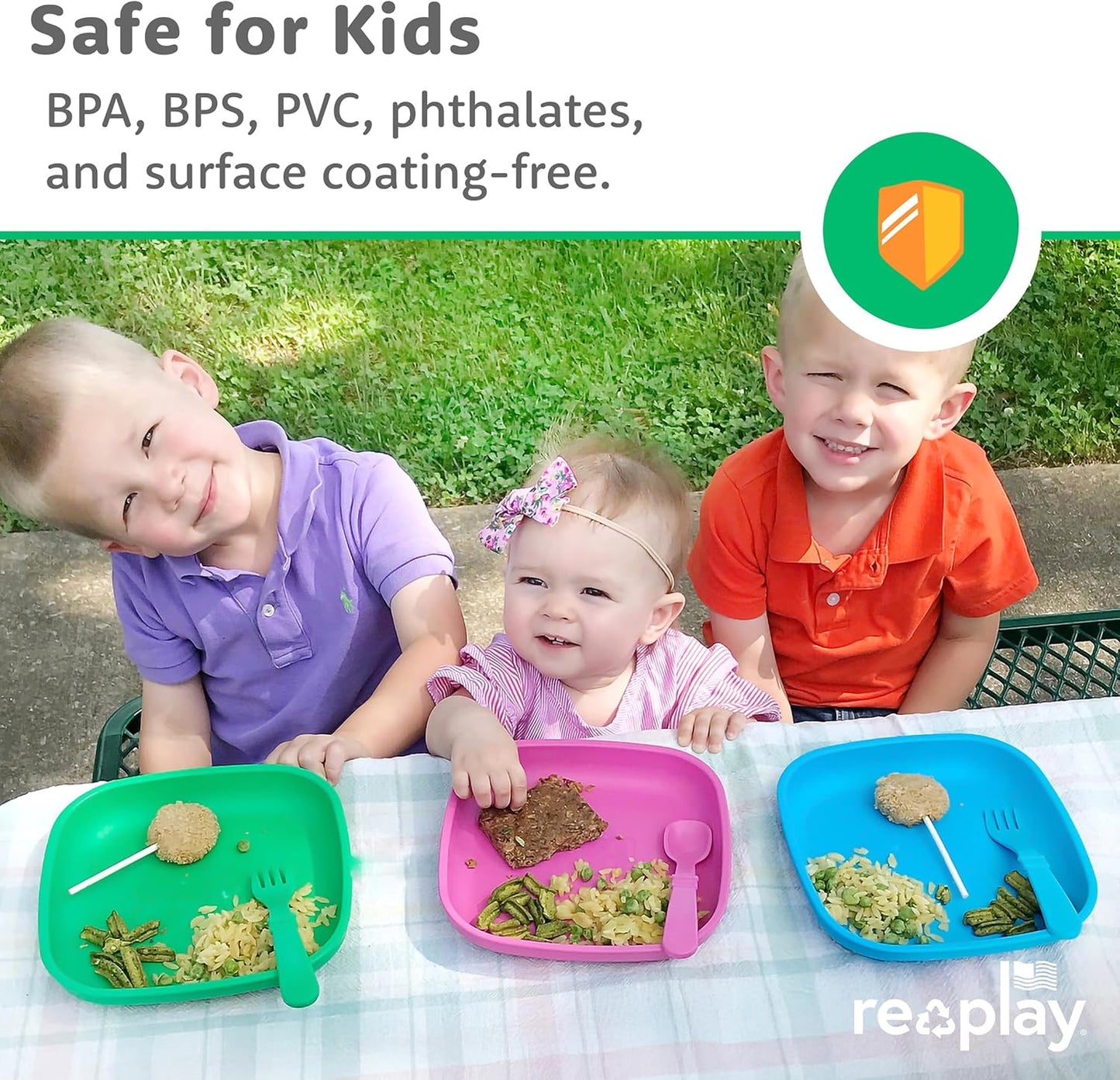 Re-Play Toddler Plates - 22 Oz. Deep-Walled Flat Kids Plates - Dishwasher & Microwave Safe - Made in USA - Set of 3-7.37" x 7.37" x 1.25" - True Blue