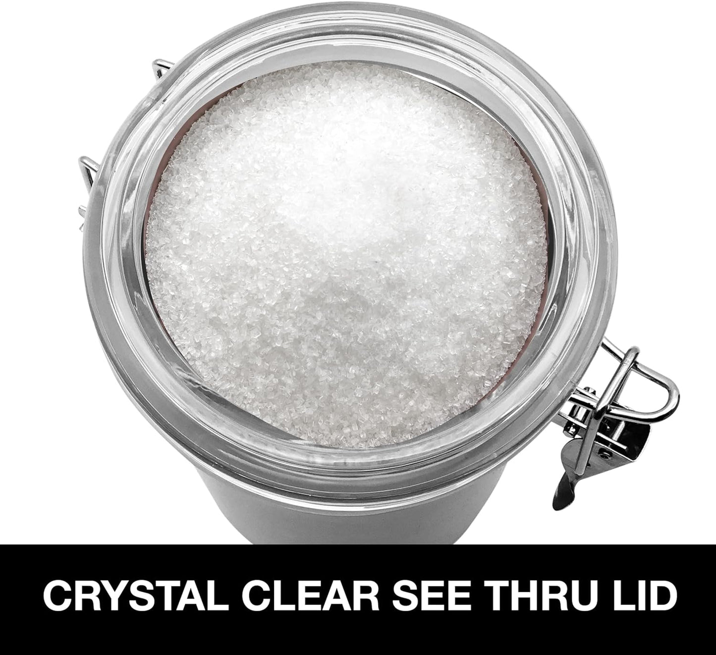 Oggi Stainless Steel Sugar Canister 62 fl oz - Airtight Clamp Lid, Clear See-Thru Top - Ideal Sugar Container for Countertop, Sugar Jar, Bulk Sugar Storage. Large Size 5" x 7.5".