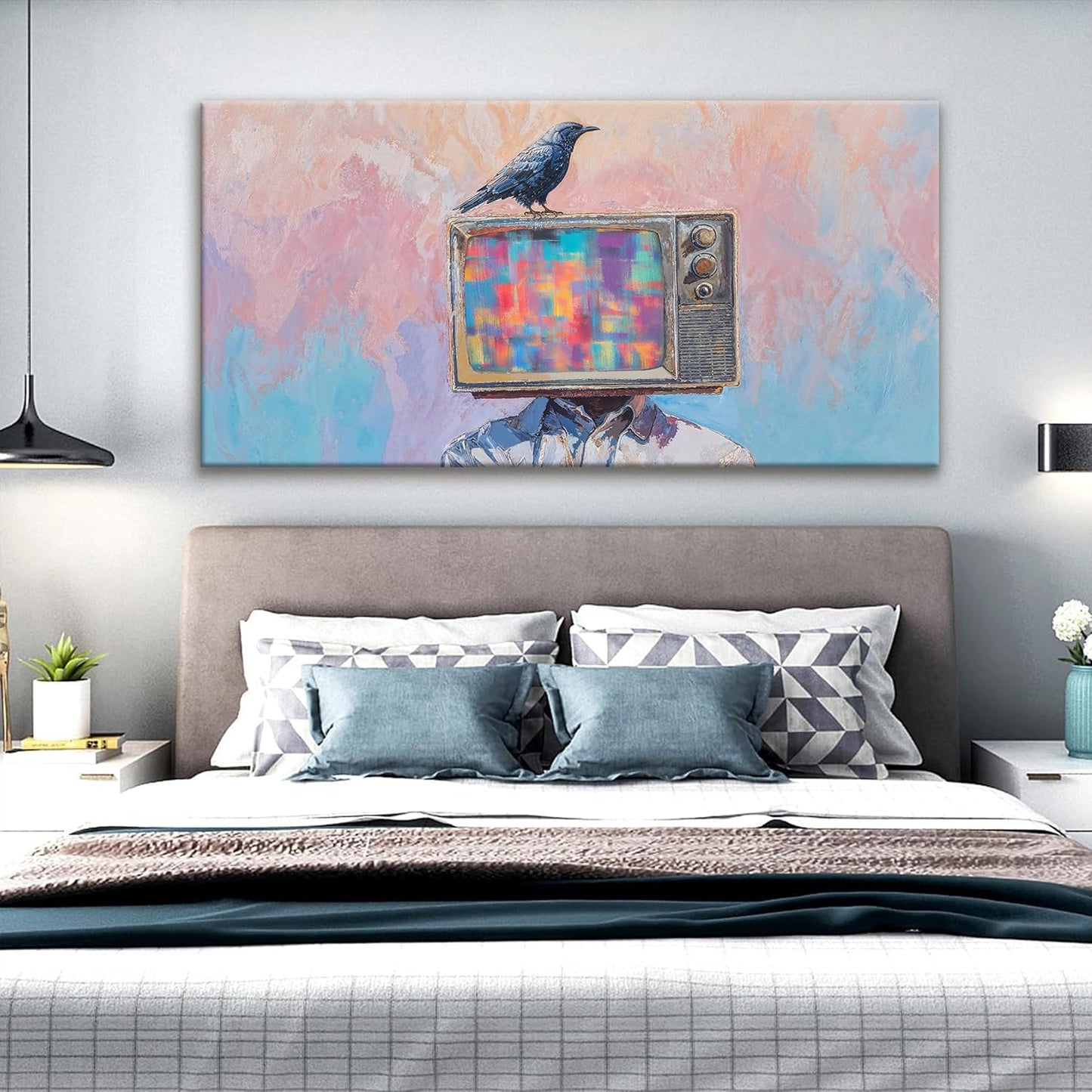 Abstract Wall Art Decor Modern Crow And Tv Head Art Prints Ready To Hang Room Wall Decor Canvas Wall Art For Living Room Bedroom Office Kitchen 24x48 Inch