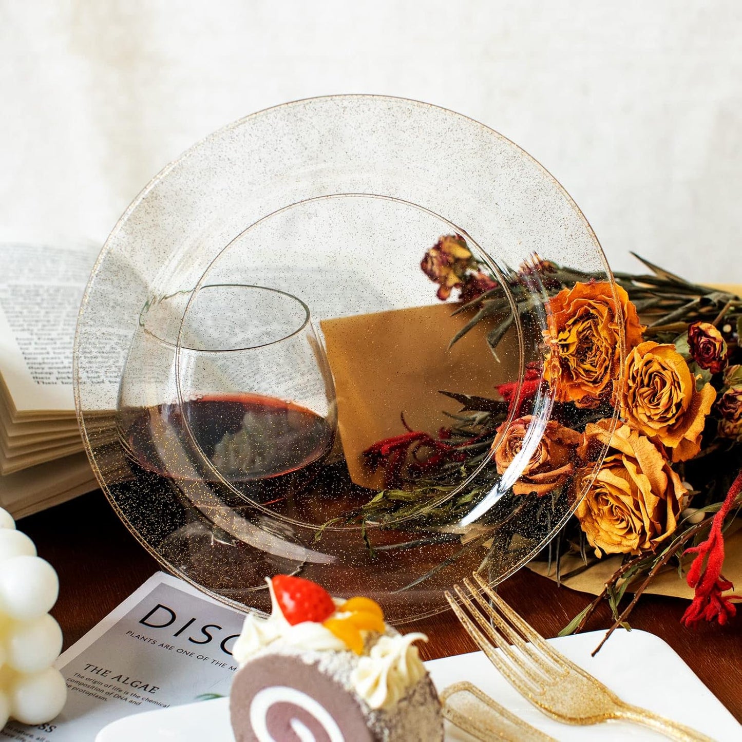 I00000 150PCS Gold Disposable Plates Silverware, Gold Glitter Dinnerware Set Include 25 Dinner Plates 10.25’’, 25 Dessert Plates 7.5’’, 25 cups 10 OZ, 25 Forks, 25 Knives, 25 Spoons for Wedding,Party