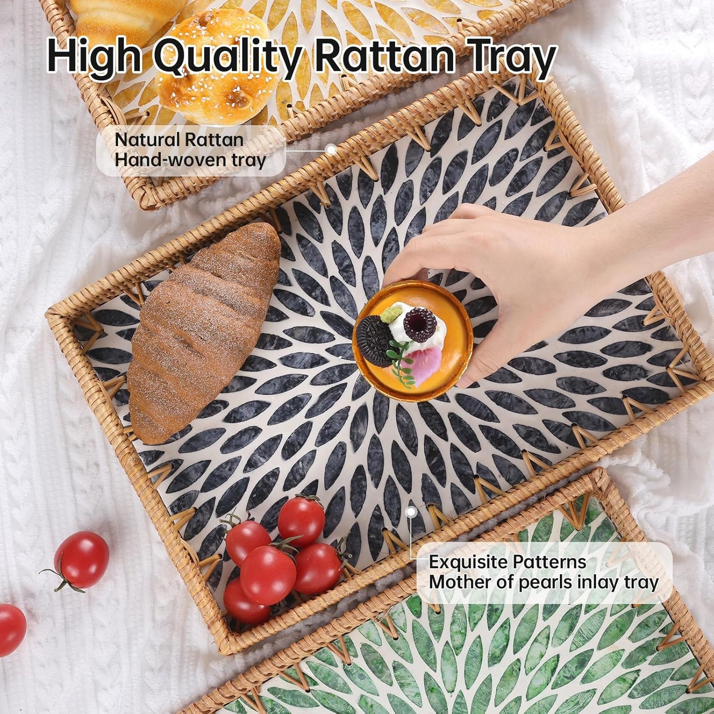 Rectangle Rattan Tray with Mother of Pearl Inlay, Rattan Serving Tray with Handle for Coffee, Bread, Fruits, Snacks, Decorative Wicker Tray for Table Decor (Rectangle Dark Blue Leaf, 13"×9")