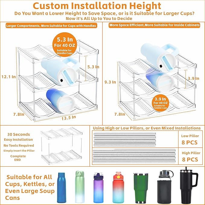 Yieach Larger Compartments Stackable Water Bottle Organizer for 40 oz Stanley Cup Holder,Yeti and Other Tumbler Organizer,4 Tier Wine Rack and Waterbottle Storage Rack for Kitchen Cabinets,Countertop