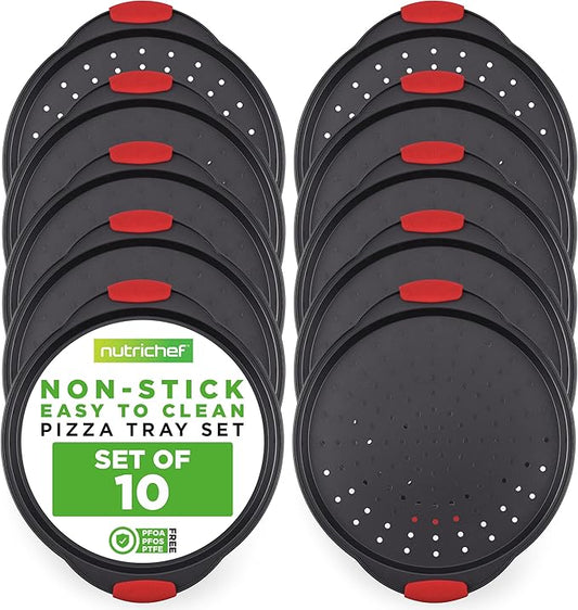 NutriChef Non-Stick Pizza Tray with Silicone Handles, 10-Pack Round Steel Non-Stick Pans with Perforated Holes, Premium Bakeware, Pizza Trays with Silicone and Oversized Handles, Dishwasher Safe