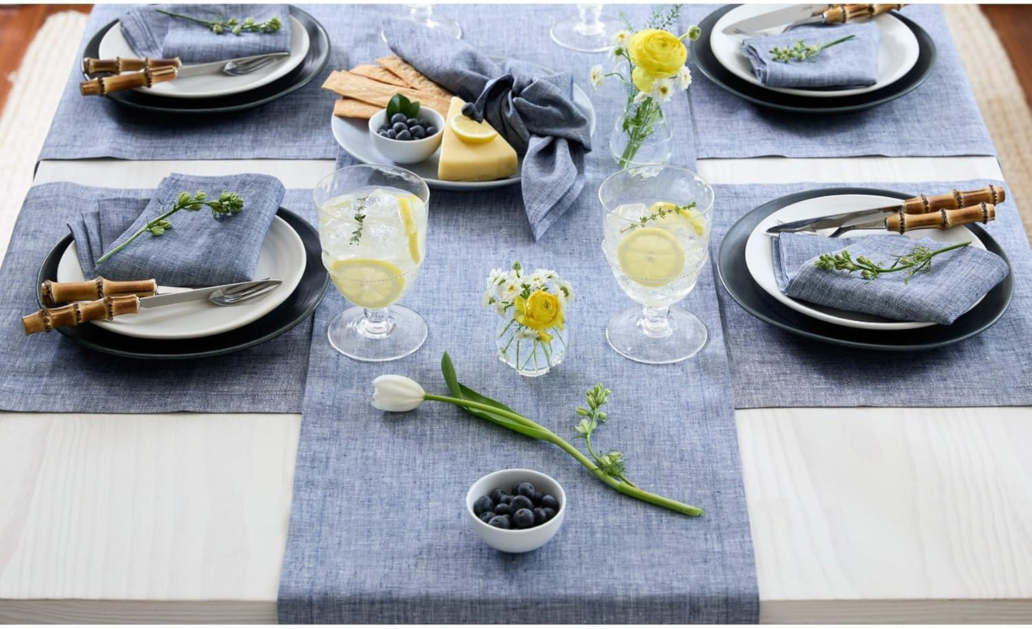 Solino Home Linen Small Table Runner 36 Inches - Athena, 100% Pure Linen Chambray Indigo Table Runner 14 x 36 Inch Ideal for Dresser and Coffee Tables - Christmas, Holiday