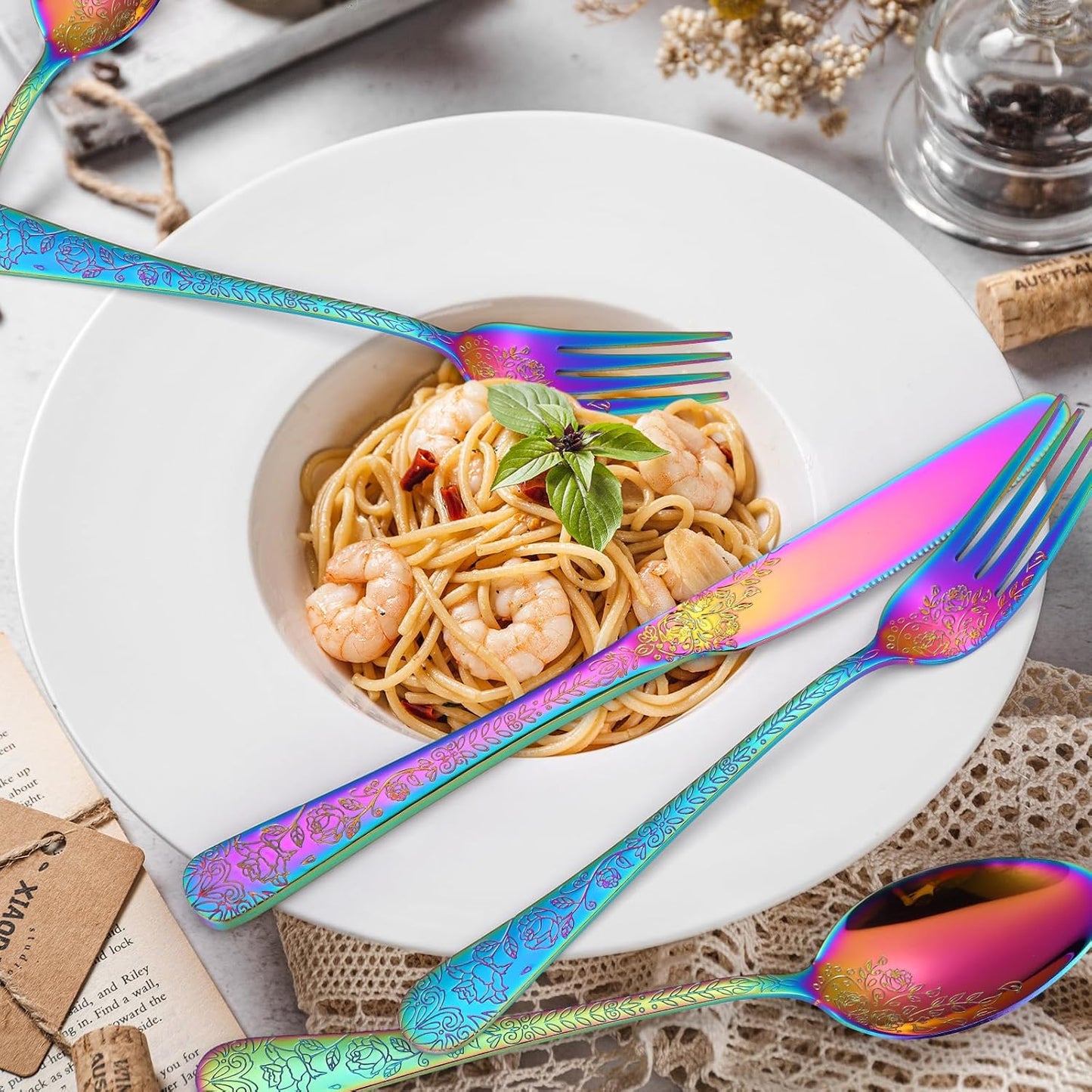 Embossed Flatware Set Rainbow 30 Piece Stainless Steel Silverware for 6 Cutlery with Floral Design Eating Utensils for Weddings Parties Festival and Restaurants Kitchen Daily Use