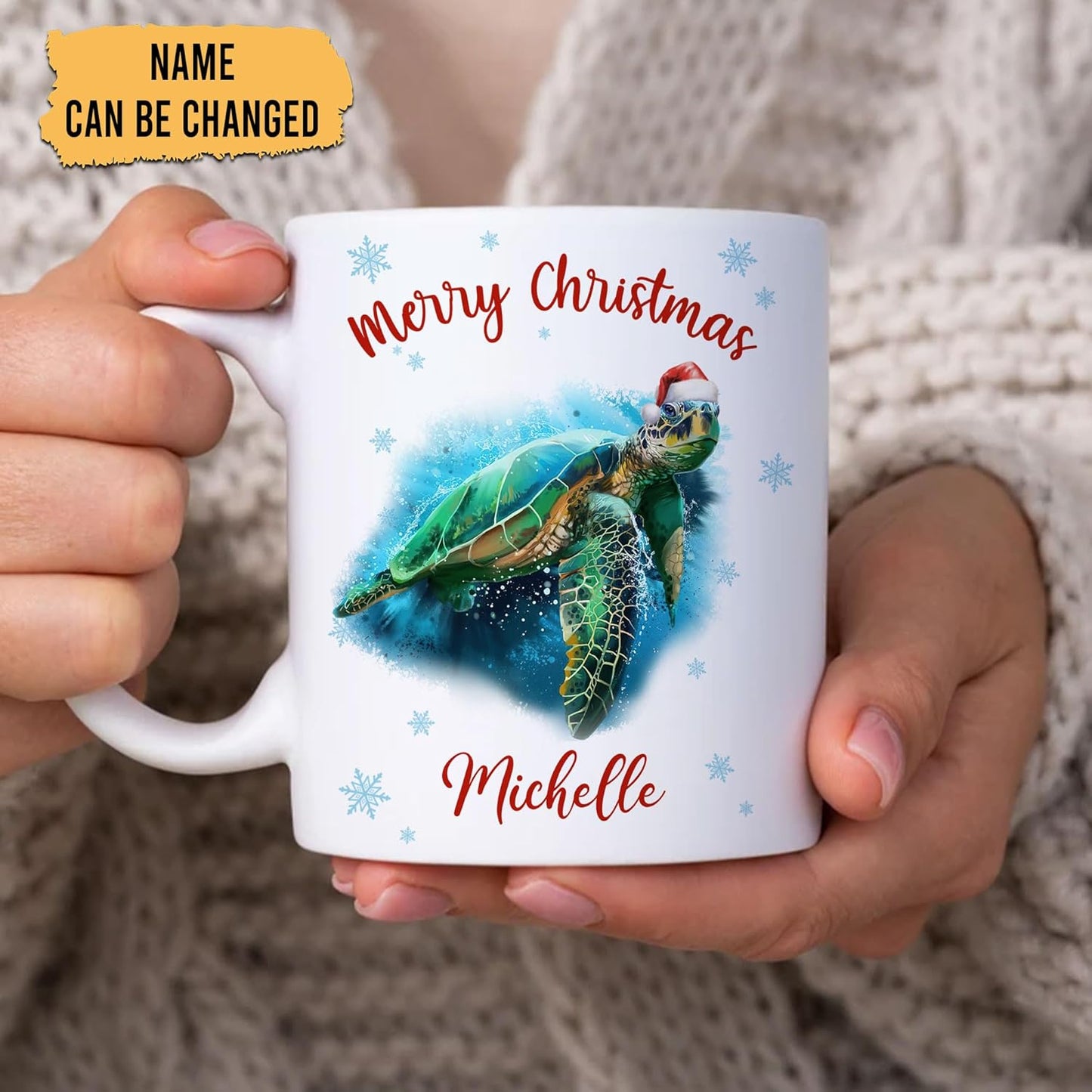 Hyturtle Personalized Gifts Sea Turtle Lover - Merry Christmas Customized Name Ceramic Coffee Mug Cup 11oz - Cute Sea Animal Lovers Gifts For Women, Girl kids Family On Birthday, Christmas