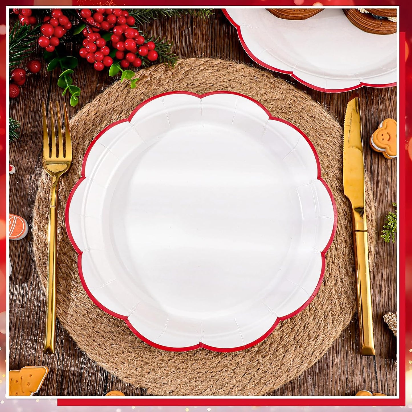 30 Pcs Christmas Paper Plates, 7 Inch White Plates with Red Trim Cute White Scalloped Paper Plate Disposable for Christmas, Baby Shower, Wedding, Bridal Shower