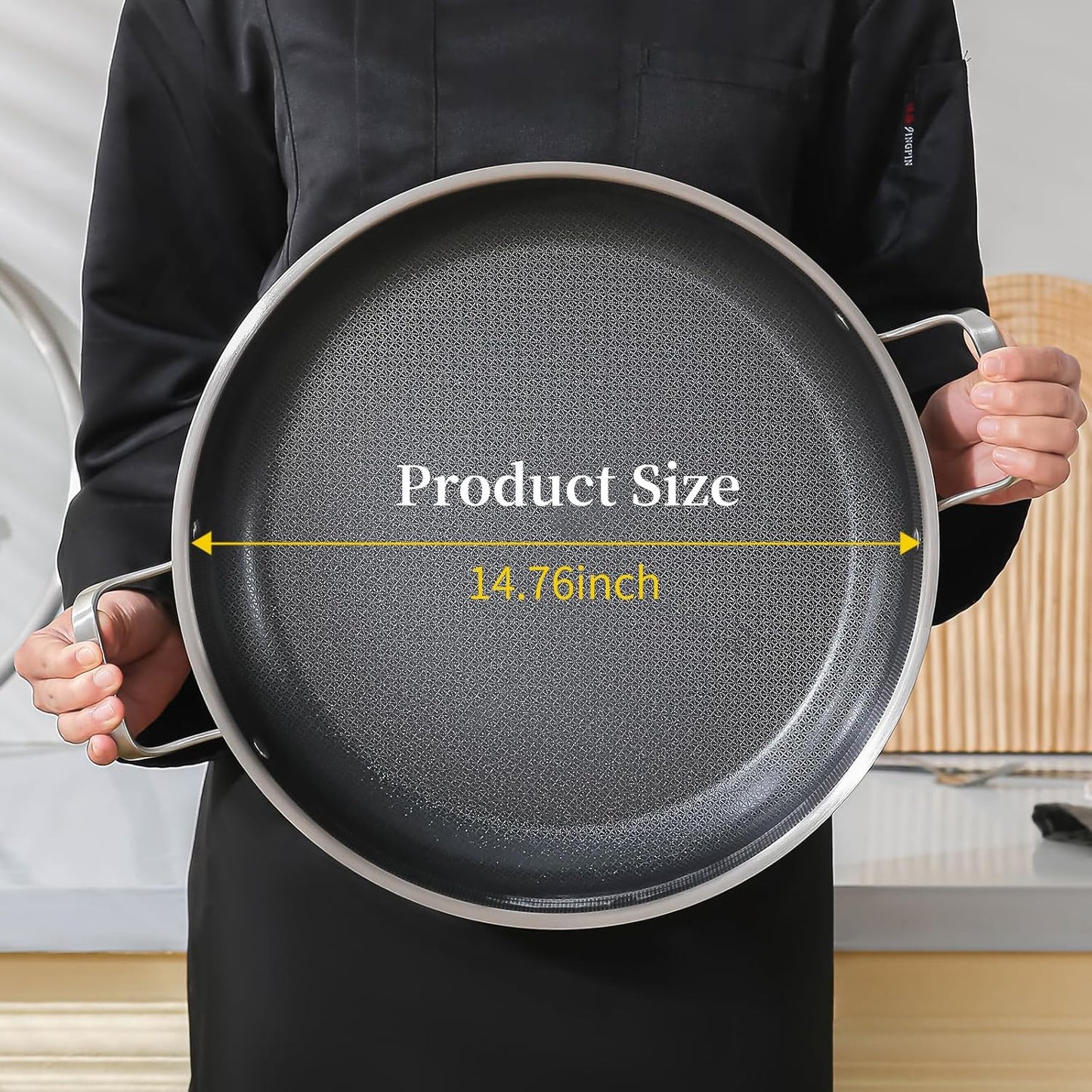 DELARLO Paella Pan 14 Inch Tri-Ply Stainless Steel Paella Pan with Lid Nonstick Frying Pan, Hybird Induction Large Skillets,Great for Paella Parties Indoors Outdoors,Heavy Duty Style