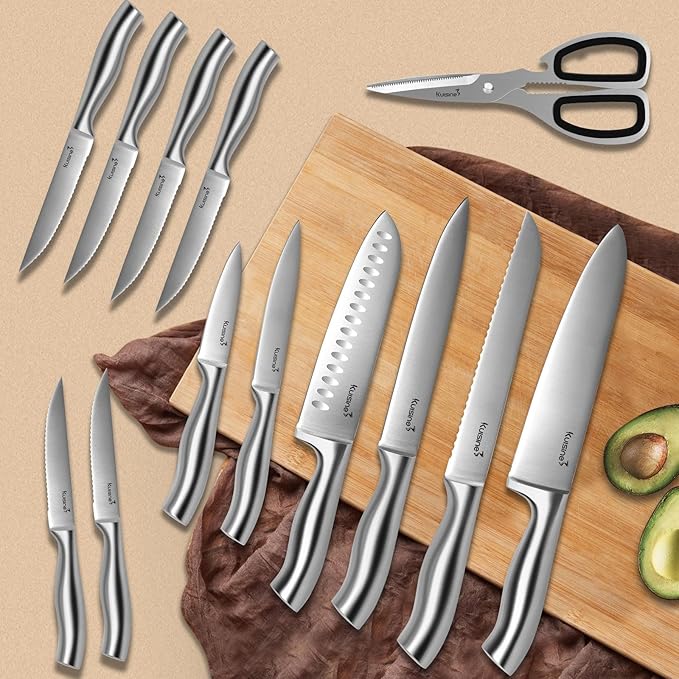 Kuisine Premium Sharp Knife Set,High Carbon Stainless Steel Sharper Blade Ergonomic Non-slip Handle,Kitchen Block Knife Set Chef Knife Block Set with Built-in Sharpener(Acacia, 15PCS)