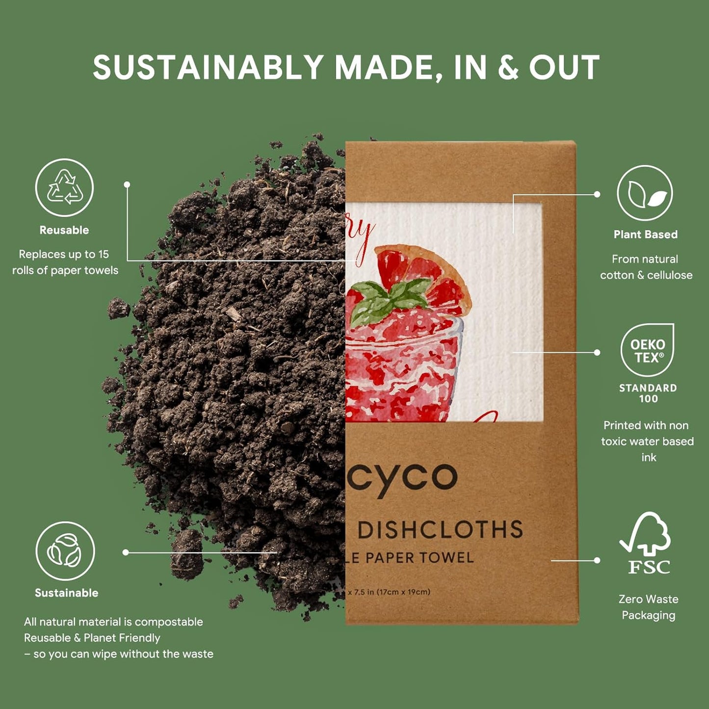 RECYCO Swedish Dishcloths for Kitchen | 6 Pack Cocktails Washable Dish Rags | Cellulose Reusable Cleaning Paper Towels | Absorbent Counter Dish Cloth Sponge Kitchen Wipes, 8" L x 7" W