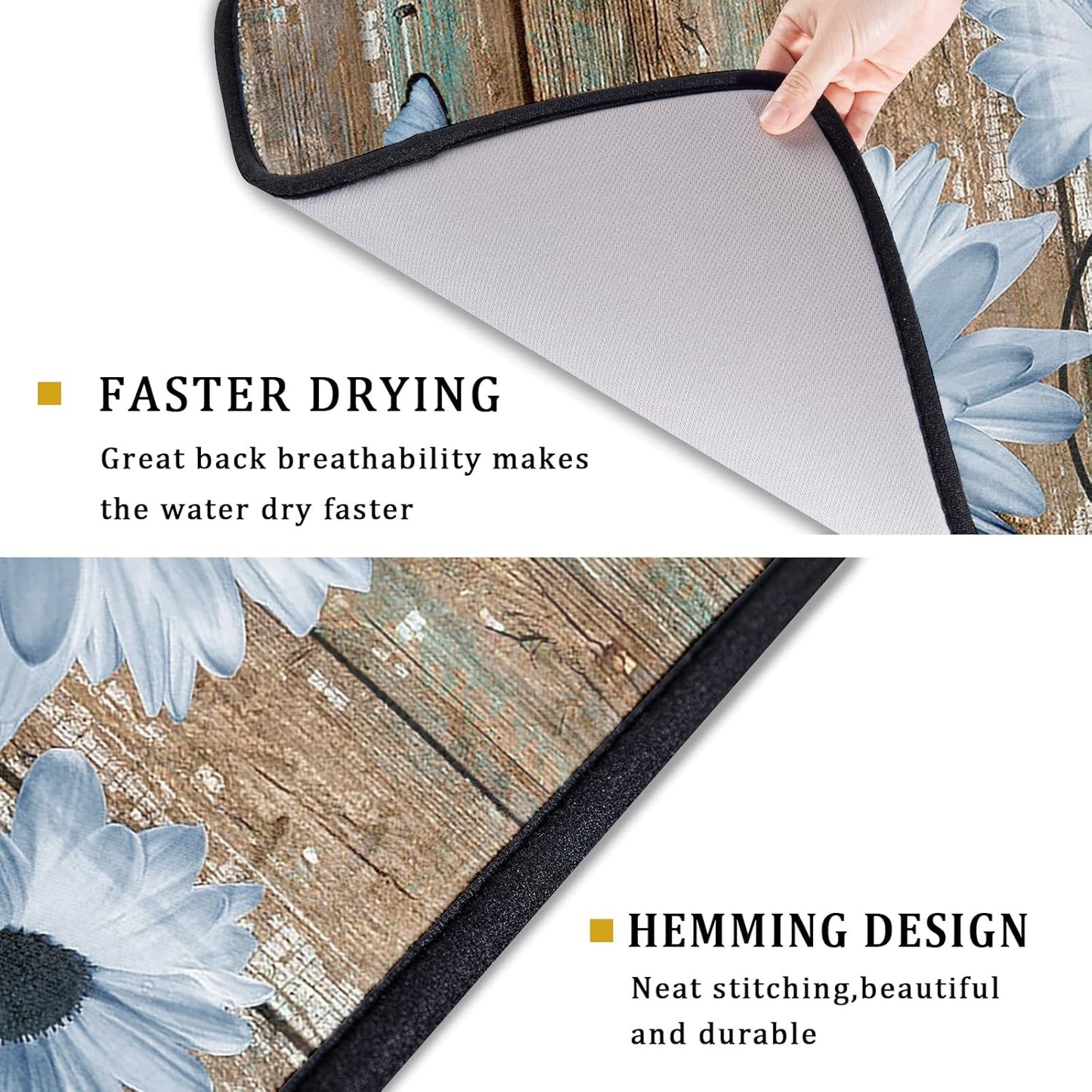 Rustic Daisy Dish Drying Mat for Kitchen Countertop 18x24 inch Blue Sunflowers on Wooden Board Dish Drainer Mats Fast Drying Country Vintage Style Shabby Chic Flower Dish Drying Pad Decor Large