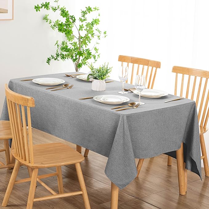DWCN Rectangle Faux Linen Tablecloth - Textured Waterproof Spill-Proof Wrinkle and Stain Resistant Table Cloth Decorative Fabric Farmhouse Table Cover for Kitchen Dining Party, 60 x 102 Inch, Grey