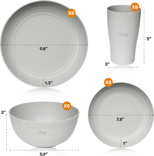 Wheat Straw Dinnerware Sets | Unbreakable Dinnerware Sets | Dishwasher Microwave Safe Dinnerware | Eco Friendly Non Breakable Dinnerware Sets | RV Outdoor Camping (Grey, Service for 8 (32 pcs))