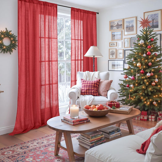 BGment Red Linen Semi Sheer Curtains for Living Room - Light Filtering Drapes with Rod Pocket for Dining Bedroom Lightweight Christmas Decor, 2 Panels Set, 52 X 80 Inch