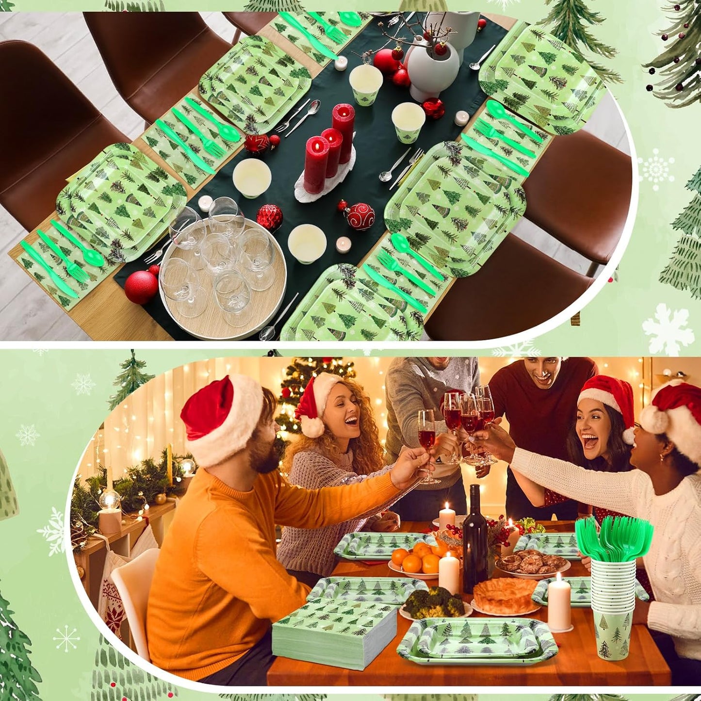 350 Pcs Paper Plates and Napkins Set Disposable Dinnerware Party Supplies Tableware Serve 50 Guest Cups Knife Forks Spoon(Green,Christmas Tree)