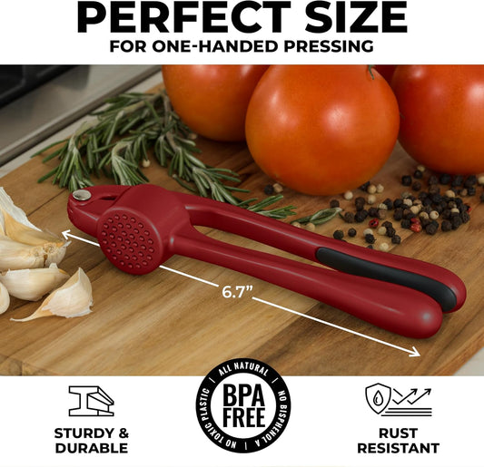 Zulay Kitchen Premium Garlic Press - Durable Garlic Masher with Soft, Easy to Squeeze Handle - Garlic Mincer Tool - Sturdy Easy to Clean Garlic Crusher (Red)