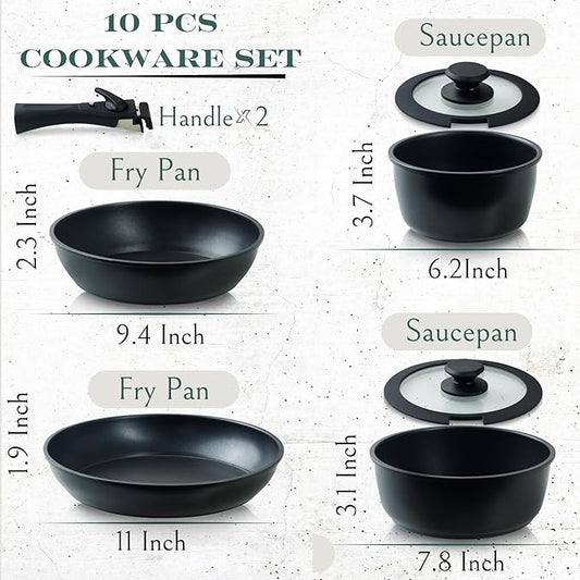 Moss & Stone 10pcs Black Pots and Pans Set Non Stick, Cookware Sets Detachable Handle, RV Kitchen Set Removable Handle, Oven Safe, Induction Ready, Stackable Non-stick Set, Camping Cookware Set