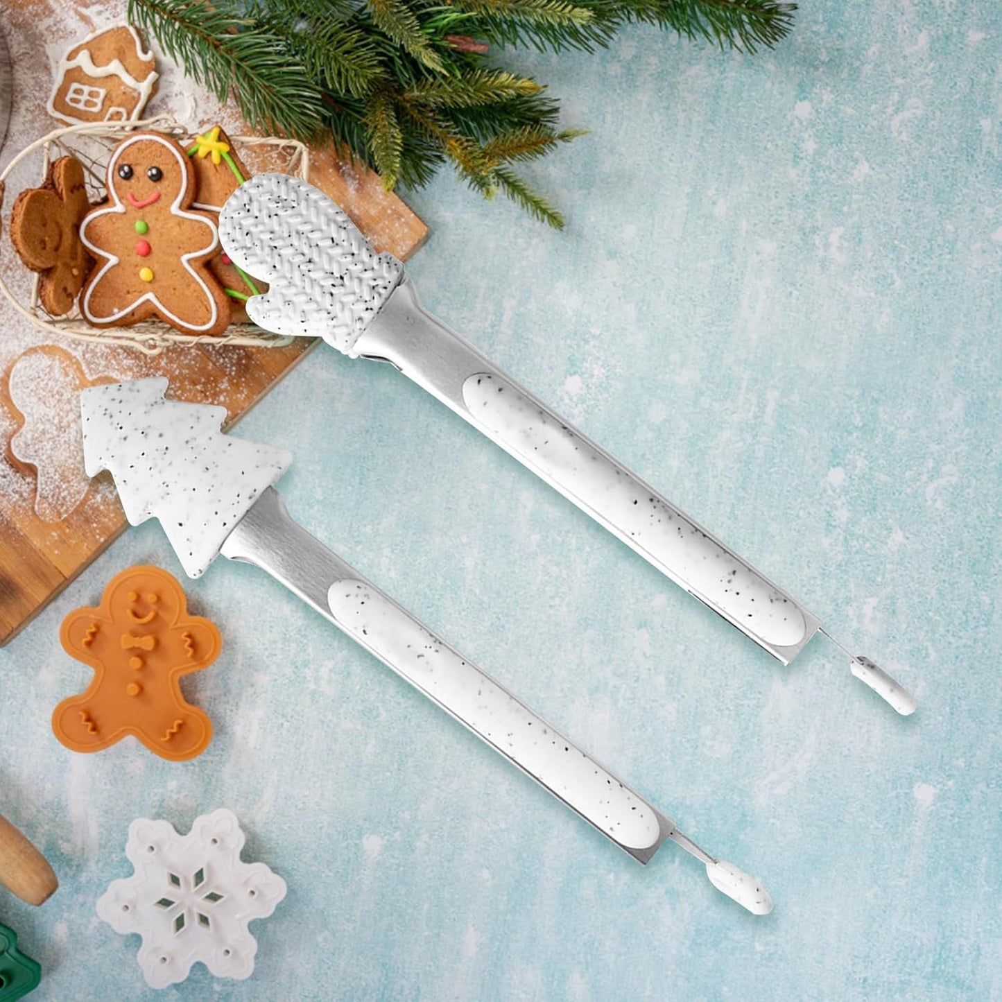 NileHome Christmas Kitchen Tongs, 2 Pack 10" Professional Stainless Steel Metal Tongs – Heat-Resistant for Grilling, BBQ, Serving Salad, Pasta, and Kitchen Use, Dishwasher Safe, White