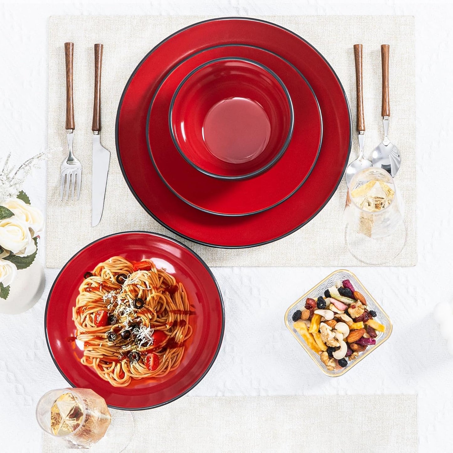 Plates and Bowls Sets for 4 - CJDC-QUELO 16-Piece Stoneware Dinnerware Sets, Ceramic Dishware Set for Indoor Kitchen Use and Formal Dining, Chip and Scratch Resistant Microwave Dishwasher Safe, Red