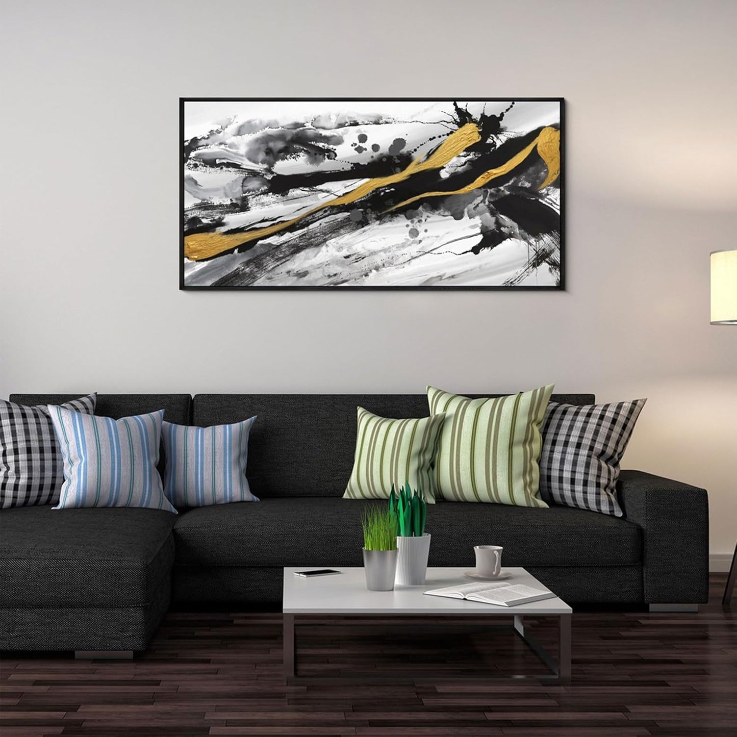 XLSJERST Black and White Abstract Wall Art - Large Frame Canvas Wall Art for Living Room Bedroom Modern Gold Ink Painting Style Picture Artwork for Wall Decor Size 20x40 Inches