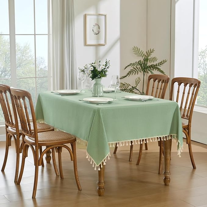 JIALE Spring Tablecloth, Heavy Duty Linen Style Textured Table Cloth Rectangle Tables, Wrinkle-Free Washable Waterproof Table Cover for Kitchen, Dining, Parties, 55"x90", Sage Green