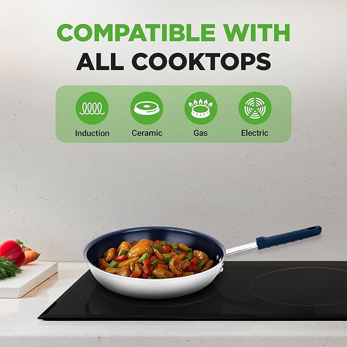 NutriChef 8" Small Fry Pan - Small Skillet Nonstick Frying Pan with Silicone Handle, Ceramic Coating, Blue Silicone Handle, Stain-Resistant, And Easy To Clean, Professional Home Cookware