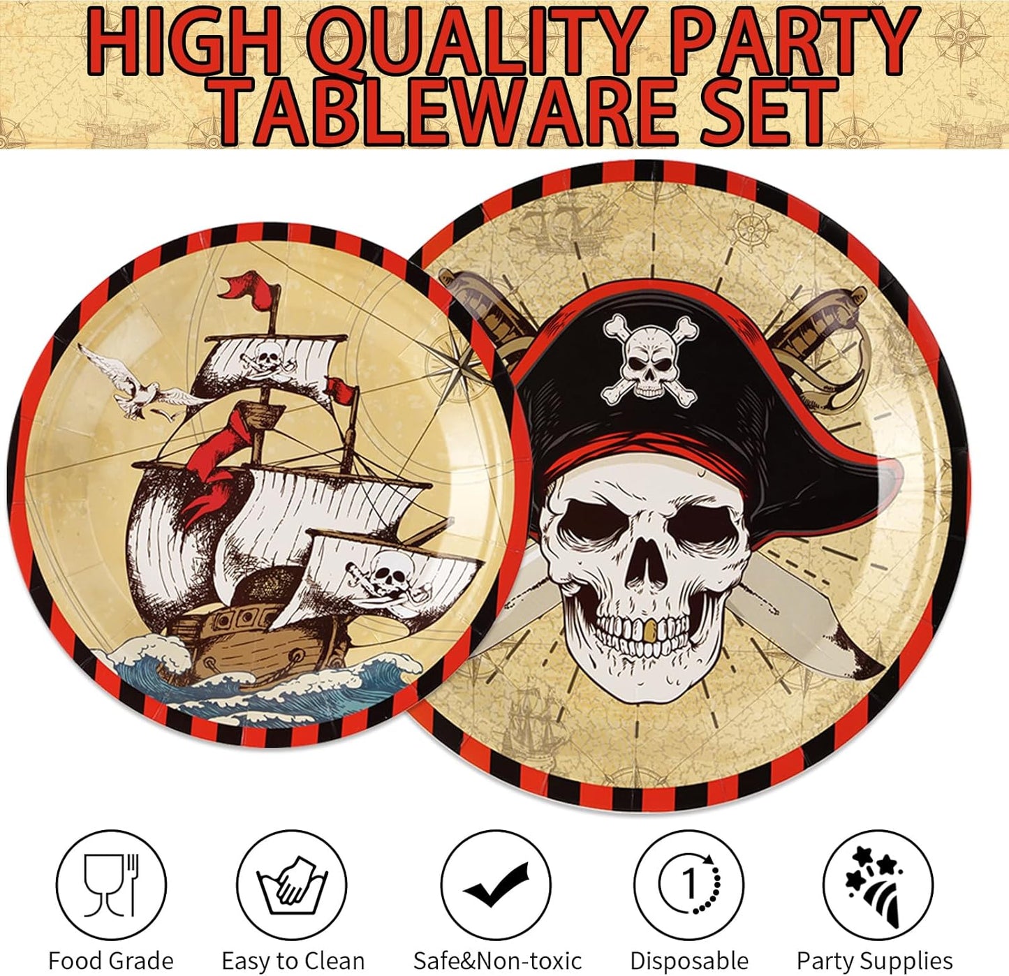 96 Pcs Pirate Party Supplies Pirate Plates Napkins Forks Disposable Halloween Tableware Set for Adult Teen Children Birthday pirate party Favors Treasure Theme Halloween Party Decorations Serves 24