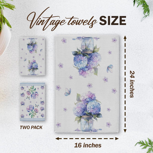 Hydrangea Kitchen Towels, Butterfly House Hand Towel Set of 2, Summer Flowers Gifts for Home Bathroom Holiday Decor - A05