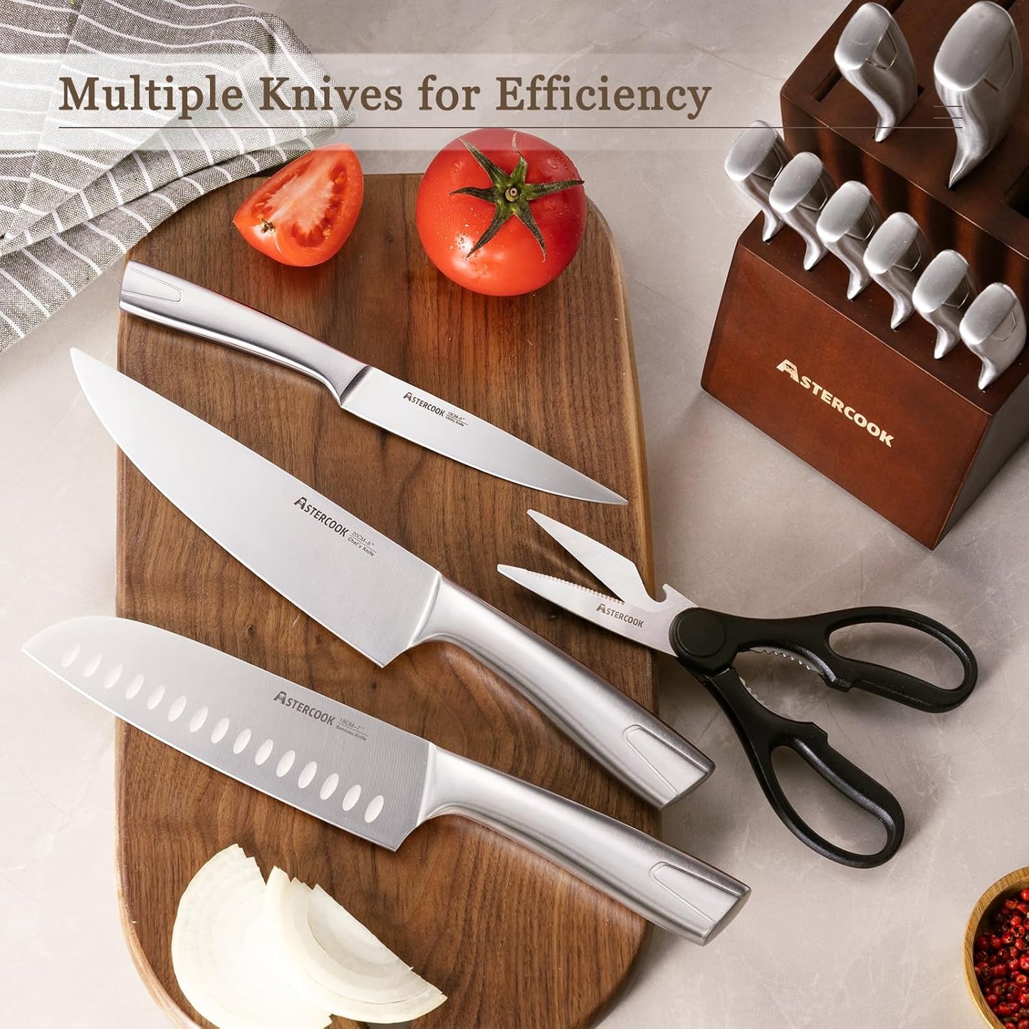 Astercook Knife Set, Kitchen Knives Set with Block and Sharpener Full Tang 15 Pcs Premium Stainless Steel Knives Ultra Sharp Blade Dishwasher Safe Knife Set with Anti-slip Ergonomic Handle, Walnut
