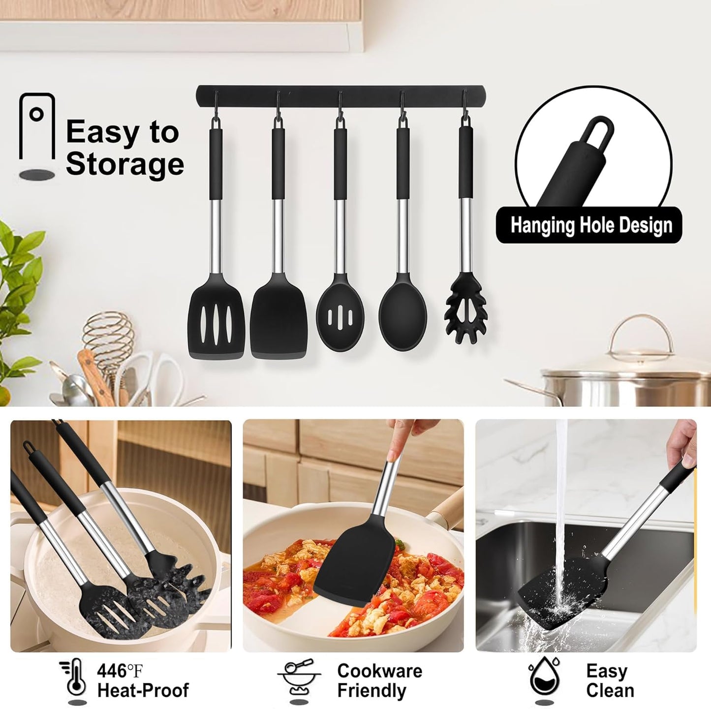 TeamFar Cooking Utensils Set, 5 PCS Silicone Kitchen Utensils with Stainless Steel Handle, for Nonstick Cookware Flipping Frying Turning Draining, Heatproof & Healthy, Nonstick & Easy Clean, Black
