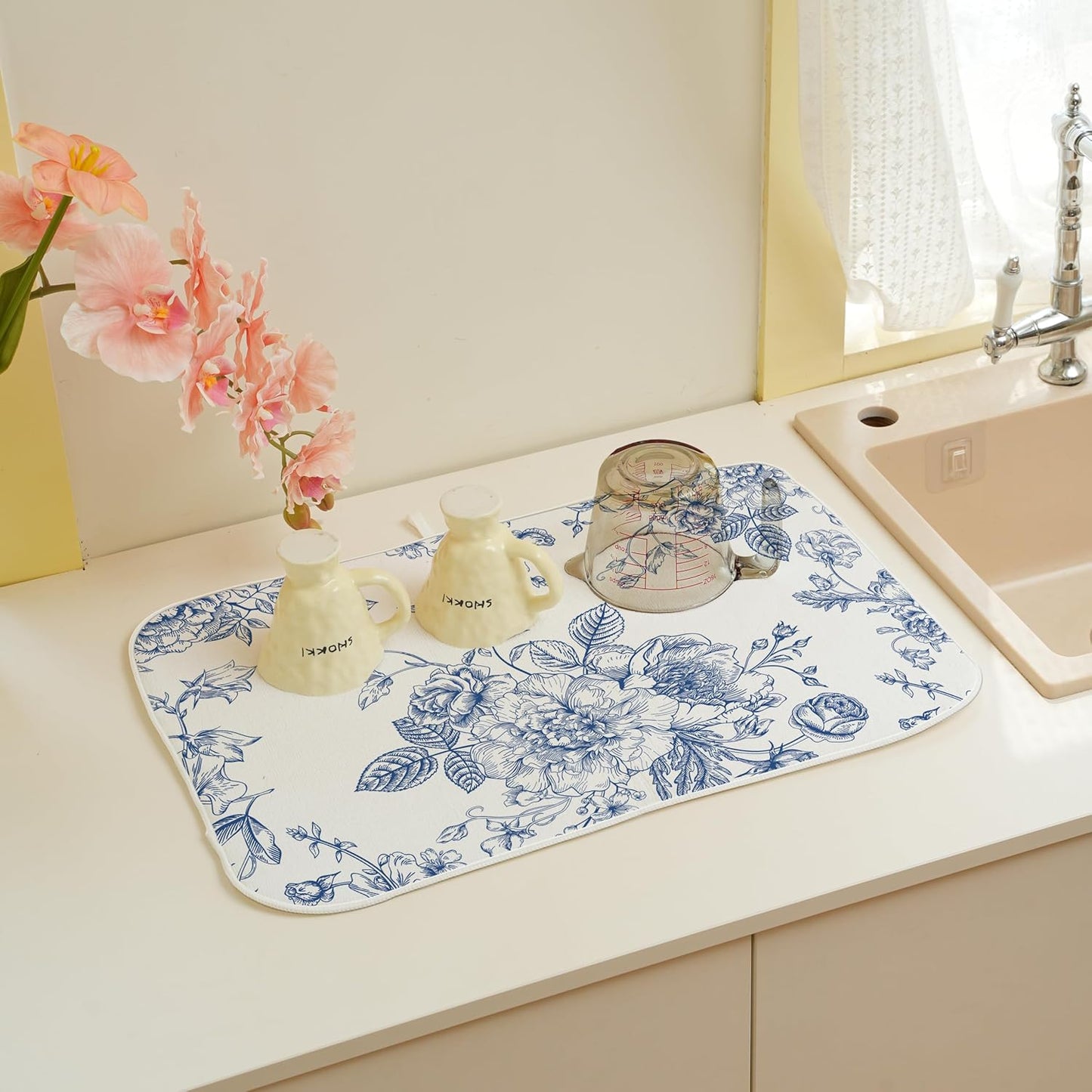 Chinoiserie Floral Dish Drying Mat 18 x 24 inch Vintage Blue Flower Decorative Drying Mats Microfiber Absorbent Dish Washable Draining Mat for Kitchen Counter Decor