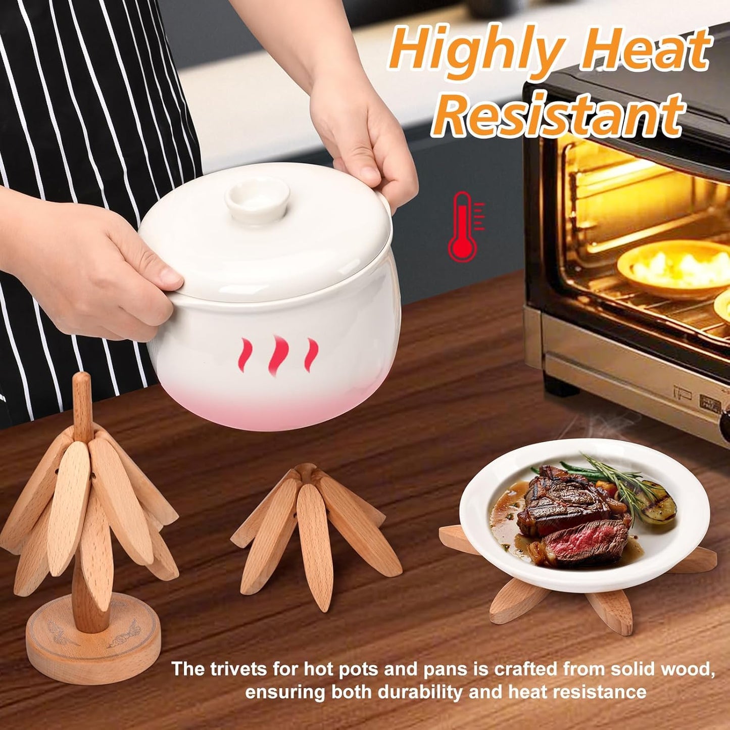 Trivets for Hot Dishes，Tree Shape Trivet Set,5 Wooden Trivets + 1 Stand， Heat-Resistant Foldable Wooden Tree Trivet Set for Pot、Bowl、Teapot、Hot Pot Holder