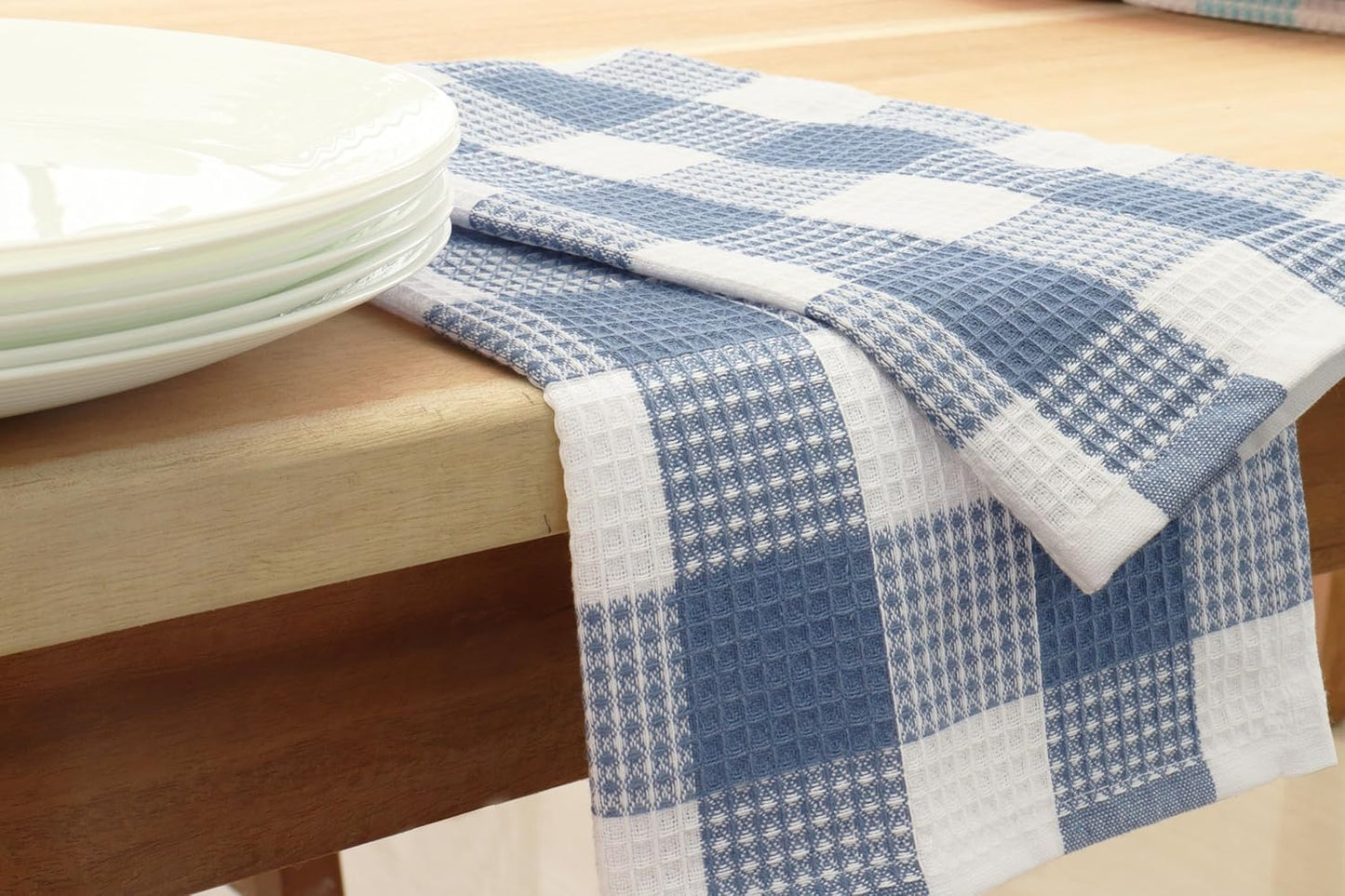 PurpleEssences 100% Cotton Waffle Weave Check Plaid Kitchen Towels, Super Soft and Absorbent Dish Towels for Drying Dishes 15 x 25-6 Pack - Fall Thanksgiving- Smoky Grey and White