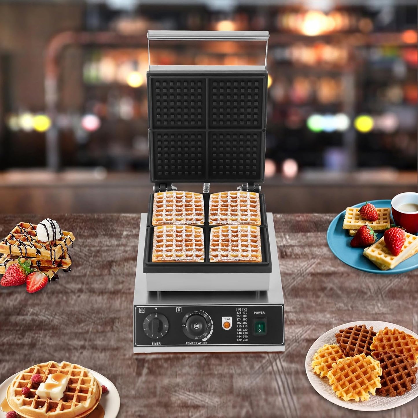 Commercial Waffle Maker, 1750W Electric Waffle Bowl Maker, Stainless Steel Waffle Making Machine with 4 Molds & Practical Handle for Restaurant Bakery Snack Bar Family