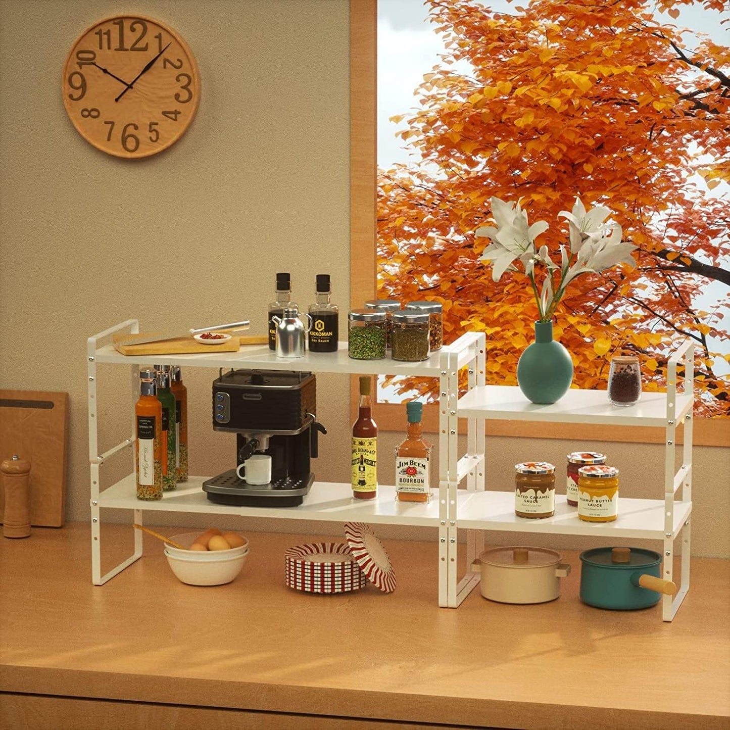 Expandable Stackable Spice Rack Cabinet Shelf Organizer in Cabinets Shelves Kitchen Cupboard Organization Stack up Racks Pantry Countertop Storage Large/White 1 Pack