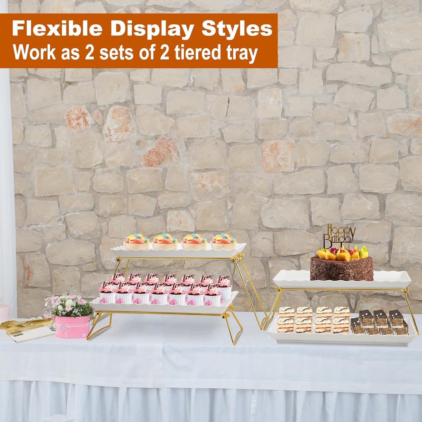 KAQAHIDO Extra Large 4 Tier Serving Tray Set, 34x22x10 inch Wave Edge Melamine Dessert Table Display Set, Tiered Trays Stand for Party Buffet Entertaining, Gold and White