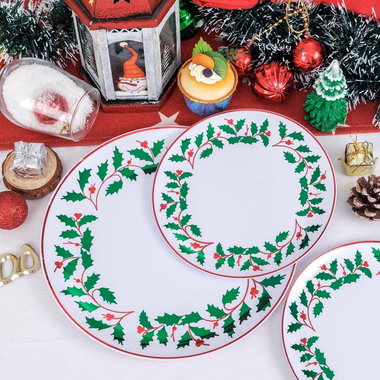 KIRE 150PCS Christmas Plates Disposable - Christmas Plates Dinnerware - White Plastic Plates With Berry And Leaves Design, Red Plastic Silverware And Cups With Red Rim For Christmas Party Supplies