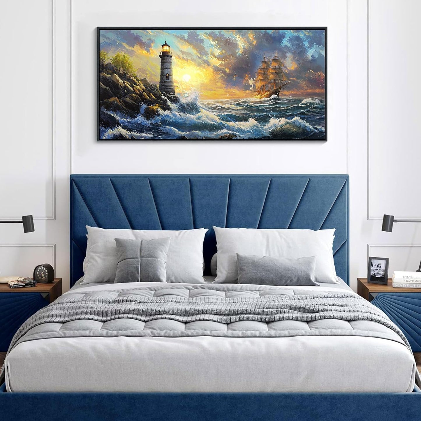 CHATYOUNG Sunrise Pictures Wall Art, Big Waves Sailboat Lighthouse Ocean Adventure Landscape Canvas Framed Paintings Ready to Hang Living Room Bedroom Bathroom Kitchen Home Office Decor 20x40 IN