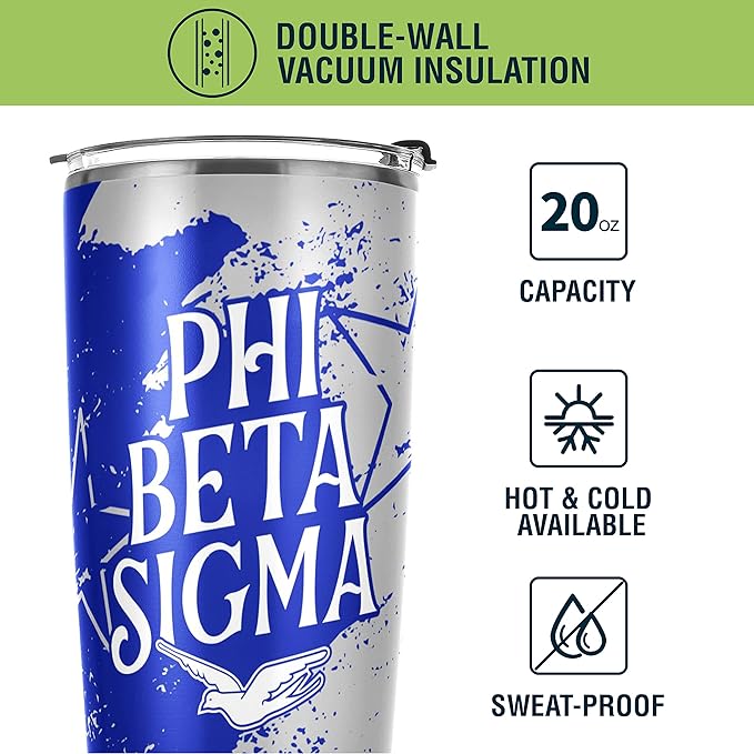 Phi Beta Sigma Fraternity Paraphernalia - Official Vendor - 20 oz Stainless Steel Insulated Sublimation Tumbler - Greek Letters - Star