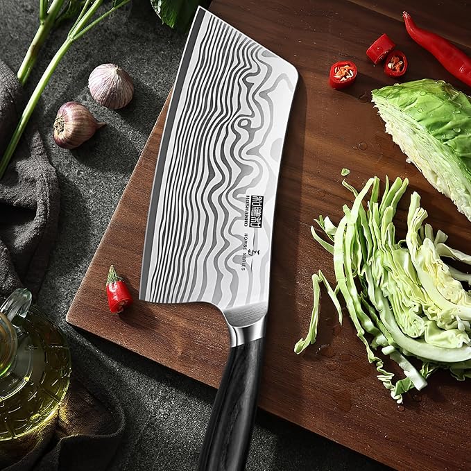 HOSHANHO Cleaver Knife 7 Inch, Razor Sharp High Carbon Powder Steel Meat Cleaver, Professional Butcher Chopper Kitchen Knife for Meat Cutting Vegetable Slicing