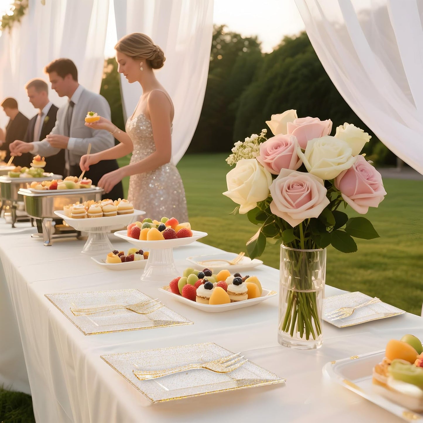 DaYammi 200Pcs Gold Dessert Plates Including 100Pcs Appetizer Plates 6",100Pcs Plastic Forks 5.7",Gold Glitter Plastic Square Plate for Party,Gold Salad Plate and Cake Forks for Wedding Birthday