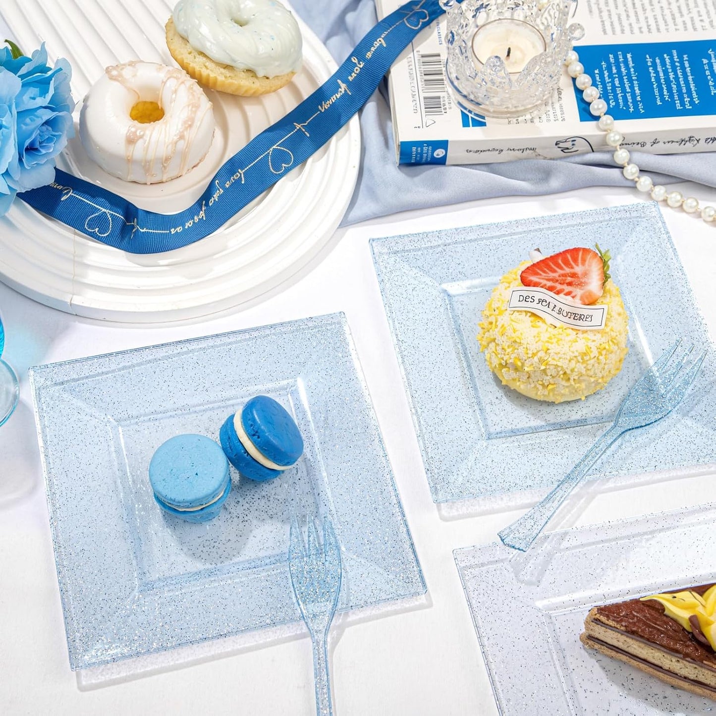 DaYammi 100Pcs Blue Glitter Dessert Plates Including 50Pcs Appetizer Plates 6" and 50Pcs Plastic Forks 5.7",Blue Plastic Square Plate for Party,plastic Salad Plate and Cake Forks for Wedding Birthday