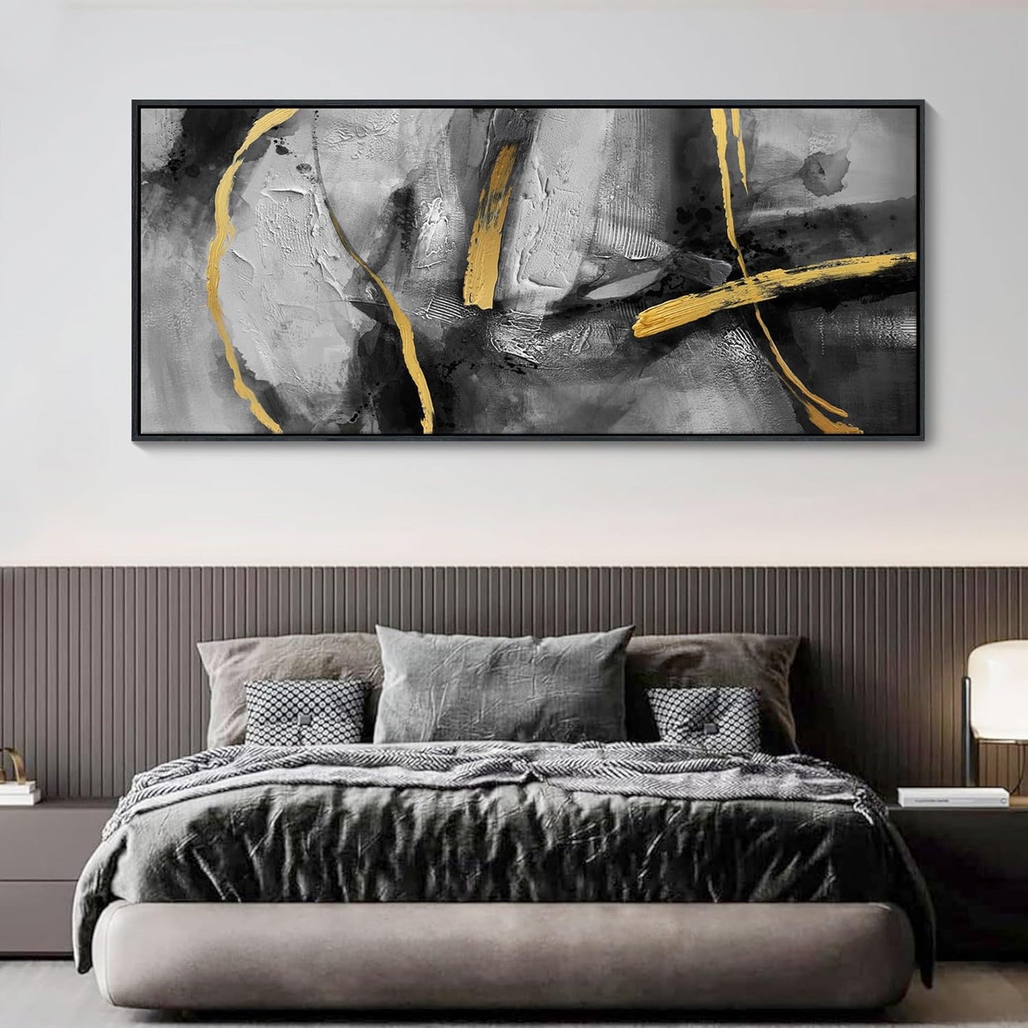 CHATYOUNG Abstract Black Gray Gold Large Canvas Wall Art, Hand-Painted Golden Line Wall Paintings Framed Artwork for Living Room Bedroom Cafe Above Sofa Office Extra Large Home Decor 32"X71"