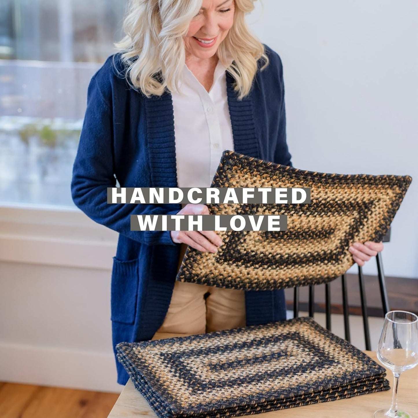 Homespice Kilimanjaro Jute Braided Placemats, Warm Primitive Decor, Set of 4, Black and Tan 13x19 Oval Table Mats - Vibrant Colors, Durable, Easy to Clean and Protects Furniture