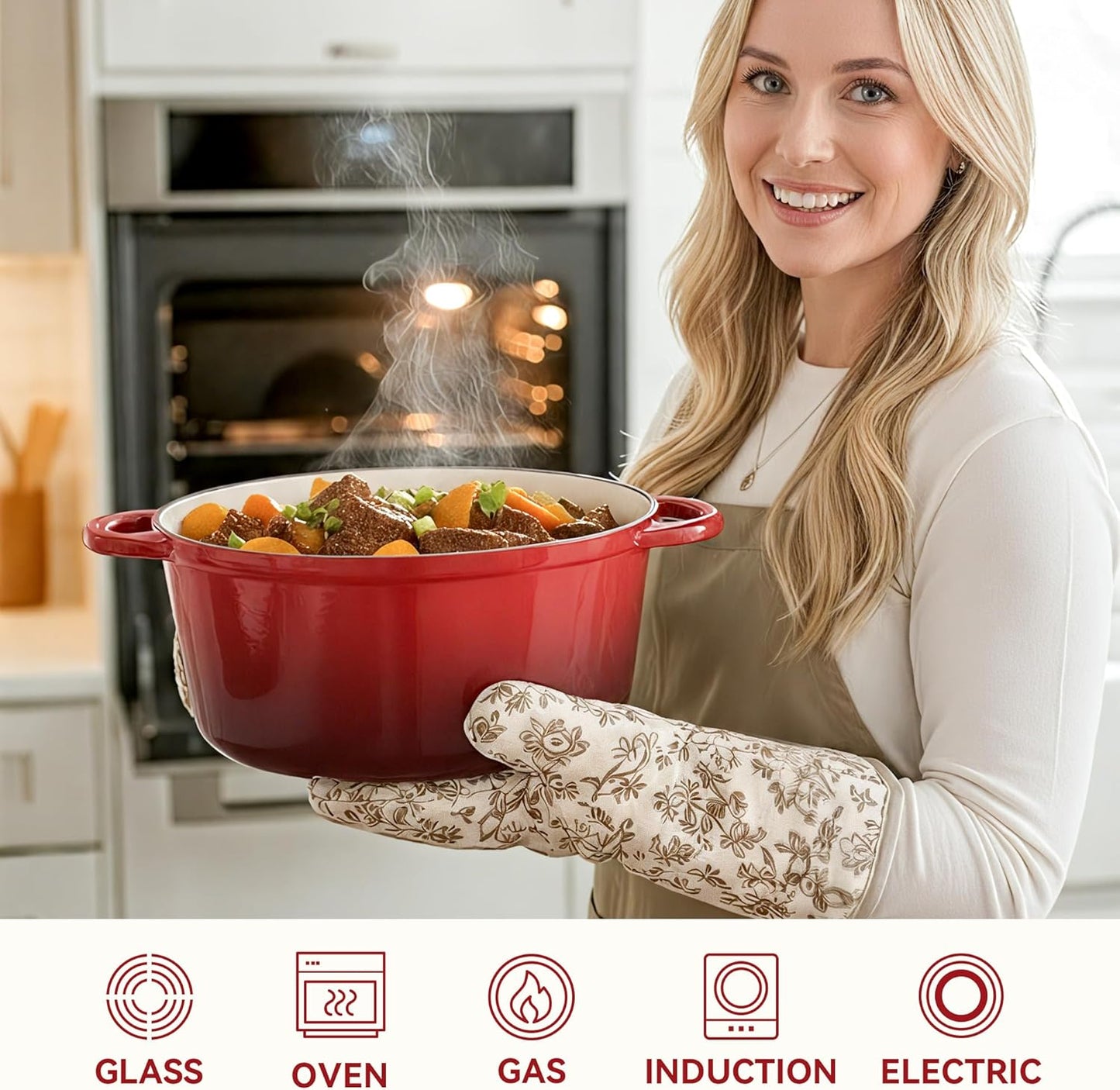 7 Quart Dutch Oven Pot with Lid, Non Stick Enameled Cast Iron Dutch Oven for Bread Baking, Heavy-Duty, Oven Safe Ceramic Cookware Up to 500°F for Baking, Braising, Stews, Roasting, Red